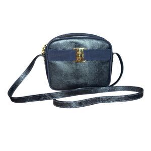 Salvatore Ferragamo Navy Blue Lizard Embossed Vara Bow Small Crossbody Bag Ex+